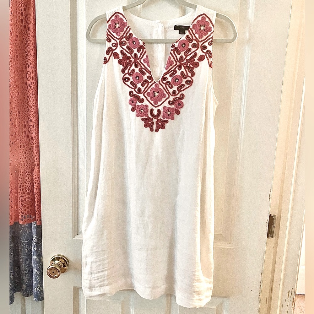 J. Crew Sleeveless  Linen Dress with Pink and Red Beaded Embroidery size S/M
